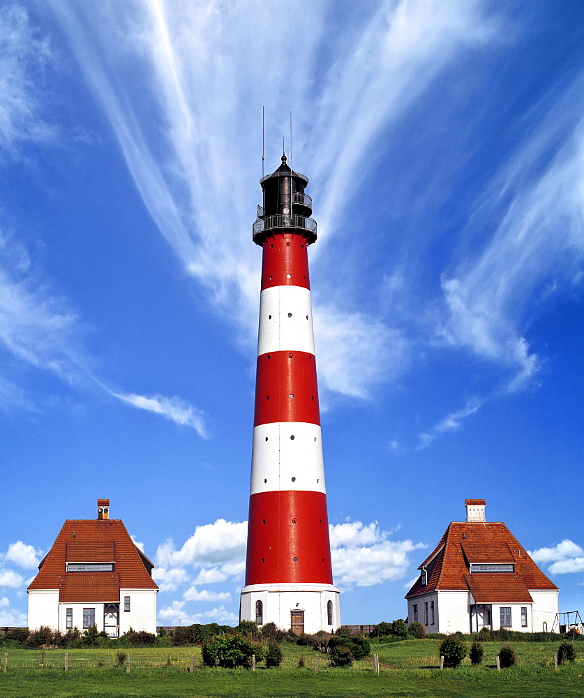 Westerheversand Lighthouse with interesting cloud formations, Westerhever, Eiderstedt Peninsula, Schleswig-Holstein, Germany, Europe