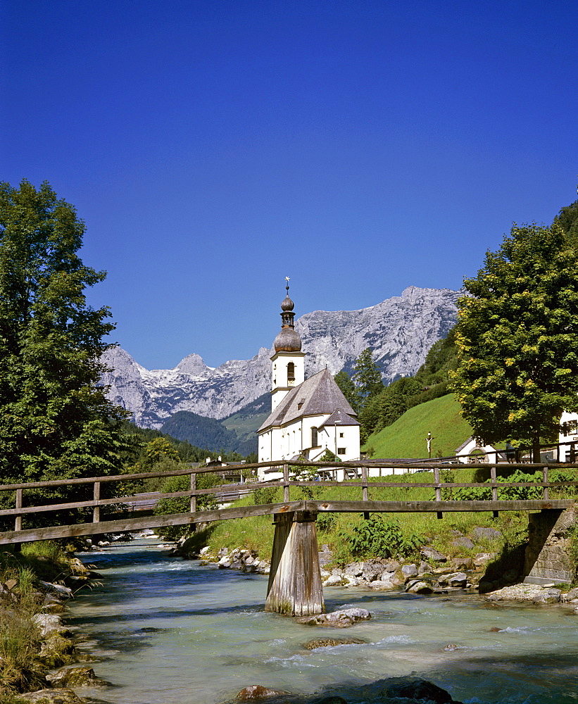 St. Sebastian's Church and Ramsauer Ache River, Ramsau, Berchtesgadener Land region, Upper Bavaria, Bavaria, Germany, Europe