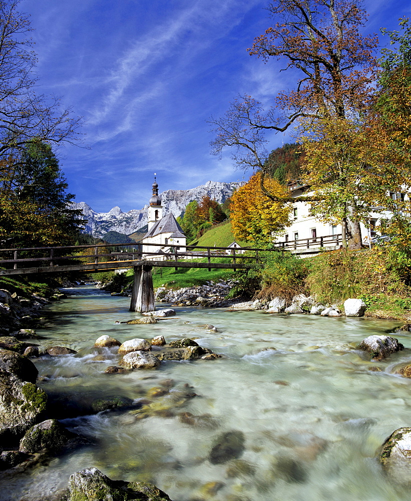 St. Sebastian's Church and Ramsauer Ache River in autumn, Ramsau, Berchtesgadener Land region, Upper Bavaria, Bavaria, Germany, Europe