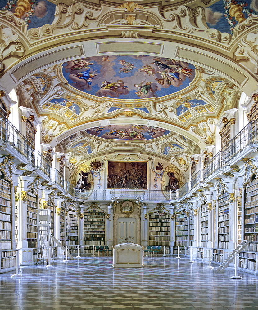 Ceiling frescoes in the largest monastic library (1766) in the world at Admont Abbey, Benedictine monastery in Liexen, Styria, Austria, Europe