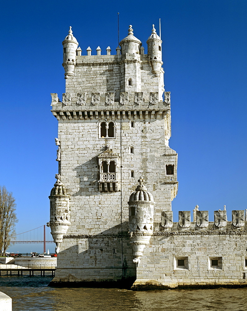 Torre de Belem, built 1515, lighthouse built in the Manueline or Portuguese late Gothic style, mouth of the Tagus River, Lisbon, Portugal