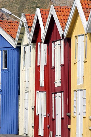 Famous colourful boathouses in the harbour of Smoegen in Sweden - Smoegenbryggan, Smoegen near by Kungshamn, Bohuslaen, Vaestra Goetalands, Vaestergotland, Skagerrak, Sweden, Skandinavia, Europa