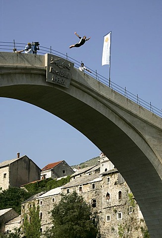 Bridge Jump Festival, traditional jump from the Stari Most Bridge into the River Neretva, Mostar, Bosnia and Herzegovina