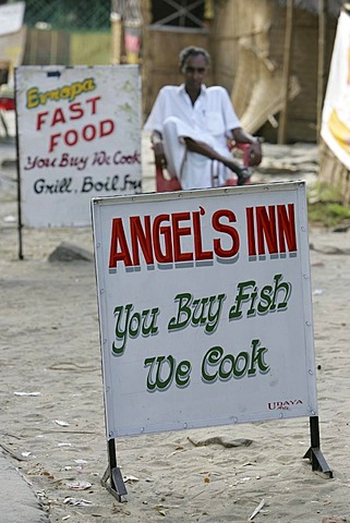 Restaurant at the fishing beach, Fort Cochin, Kerala, India