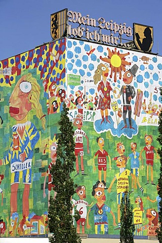 Big art printings at the facades of the Romanushaus , made by the artist Michael Fischer-Art, Leipzig, Saxony, Germany