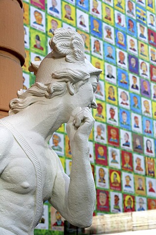 Big art printings at the facades of the Romanushaus , made by the artist Michael Fischer-Art, Leipzig, Saxony, Germany