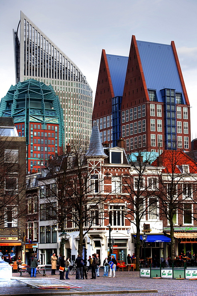 Plein Square, business district skyline contrasted with historical architecture in city centre, The Hague, The Netherlands, Europe