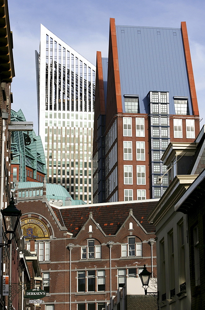 Plein Square, business district skyline contrasted with historical architecture in city centre, The Hague, The Netherlands, Europe