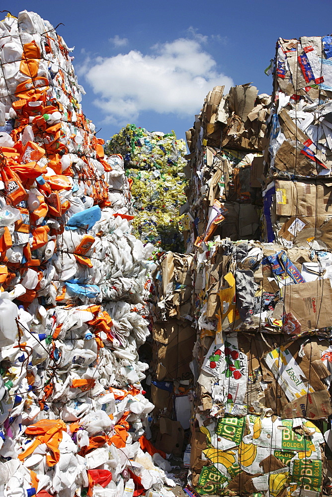 Plastic recycling, PET bottles and plastic rubbish are shredded and pressed, Essen, North Rhine-Westphalia, Germany, Europe