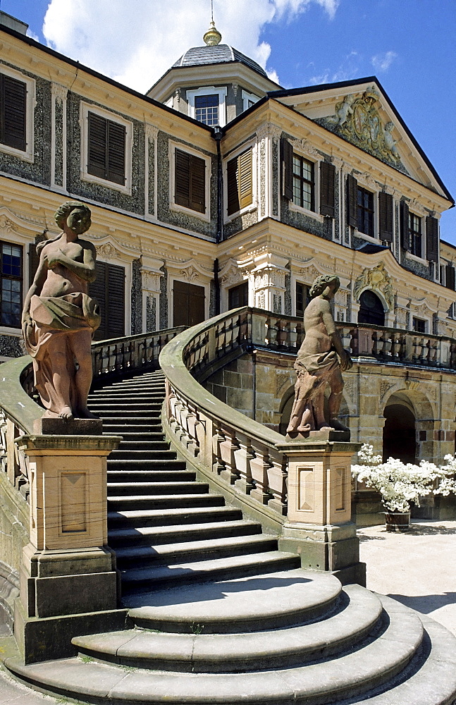 Grand staircase leading up to rear entrance to Schloss Favorite, Favourite Palace, rococo style, Rastatt, Baden-Wuerttemberg, Germany, Europe