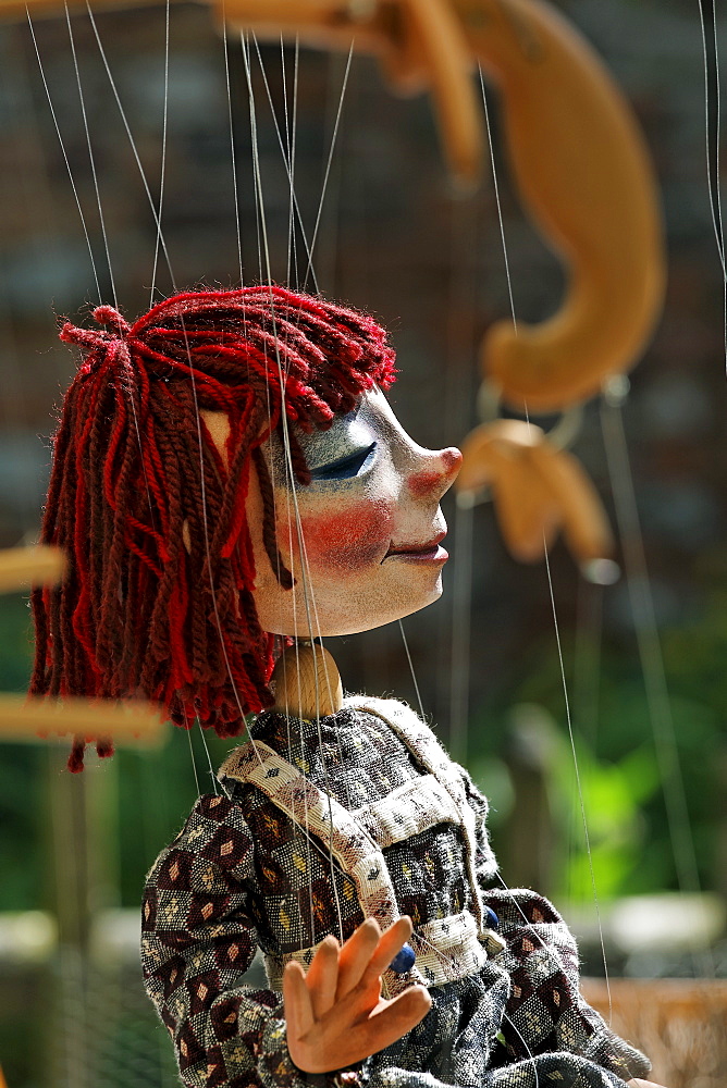 Portrait of a theatre marionette, traditional craft market, Flachsmarkt Burg Linn, Krefeld, Lower Rhineland, North Rhine Westphalia, Germany, Europe