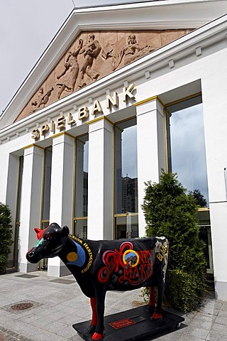 Colourful statue of a cow in front of Heringsdorf Casino, Usedom Island, Baltic Sea, Mecklenburg Western Pomerania, Germany, Europe