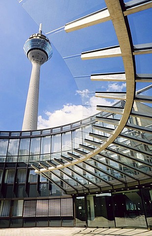 Entrance of the NRW state parliament with view of Rhein-Tower, Duesseldorf, NRW, Germany