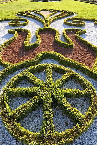 Parterre with box tree ornaments, baroque gardens, Castle Schwetzingen, view from the baroque garden grounds, Baden-Wuerttemberg, Germany