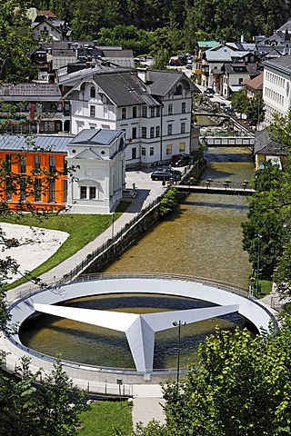 Mercedes bridge marking the center of Austria, Bad Aussee, Salzkammergut, Styria, Austria