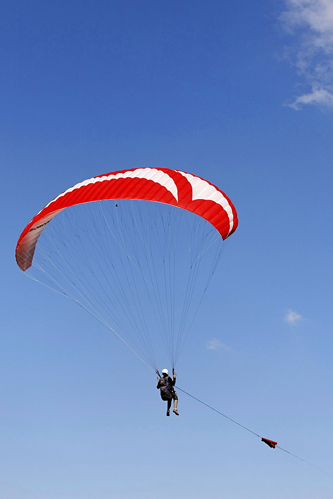 Paraglider hanging on the towrope, Lower Rhine, NRW, Germany