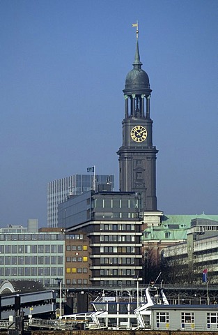 Tower of St Michaelis church and office buildings at Hamburg Harbour Germany