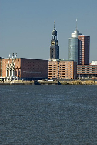 Towers of St Michaelis church and Hanseatic Trade Center HTC at Hamburg Hafencity, Germany, Europe