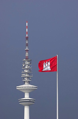 Flag of the city of Hamburg in front of the television tower in Hamburg, Germany