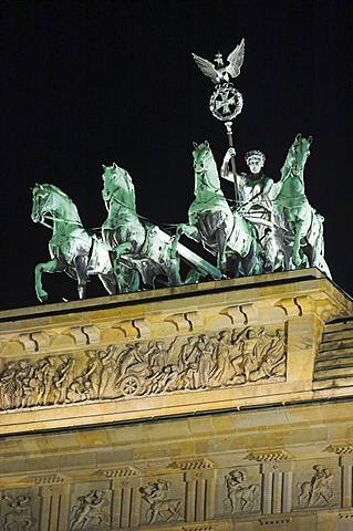 Illuminated sculpture Quadriga at Brandenburger Tor, Berlin, Germany