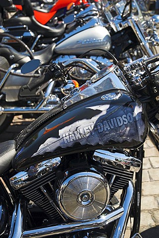 Harley Davidson motorbikes parked in a row at Harley Days 2006, Hamburg, Germany