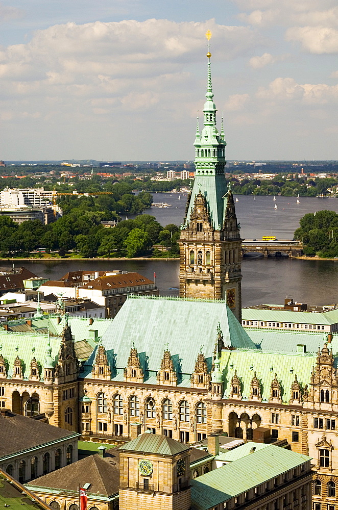 View over Hamburg City Hall to lake Alster, Hamburg, Germany