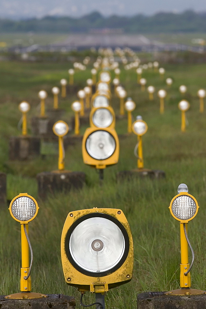 Aircraft landing lights at the airport Cologne, Wahner Heide, Herfeld, North Rhine-Westphalia, Germany