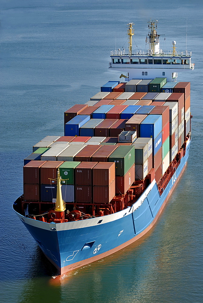 Containership on Kiel Canal, Schleswig-Holstein, Germany, Europe