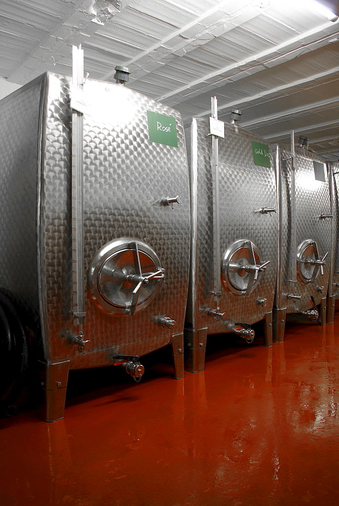 Steel tanks for storing the "liqueur d'expedition" giving champagne its particular flavour, Kessler sparkling winery, Esslingen, Baden-Wuerttemberg, Germany, Europe