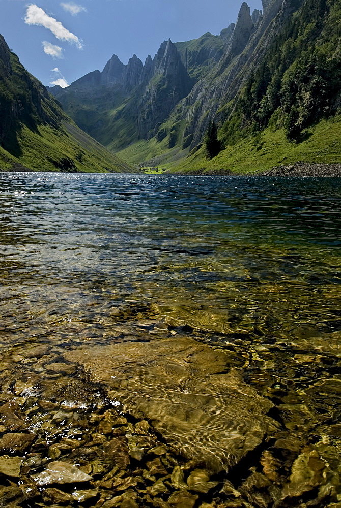 View over Faelensee (Lake Faelen), Alpstein Massif, Swiss Alps, Appenzell Innerrhoden Canton, Switzerland