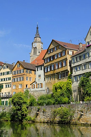 Historic city houses and the Hoelderlin Tower on the Neckar River, Tuebingen, Baden-Wuerttemberg, Germany, Europe