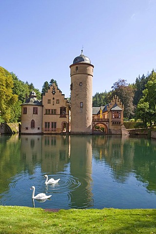 The moated castle Mespelbrunn is located in a remote side valley of the Elsava valley in Spessart, Bavaria, Germany.