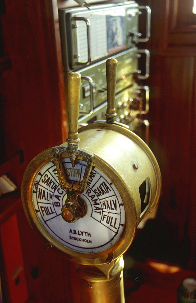 Bridge interior, three-mast sailing ship Amorina, rudder, Red Sea