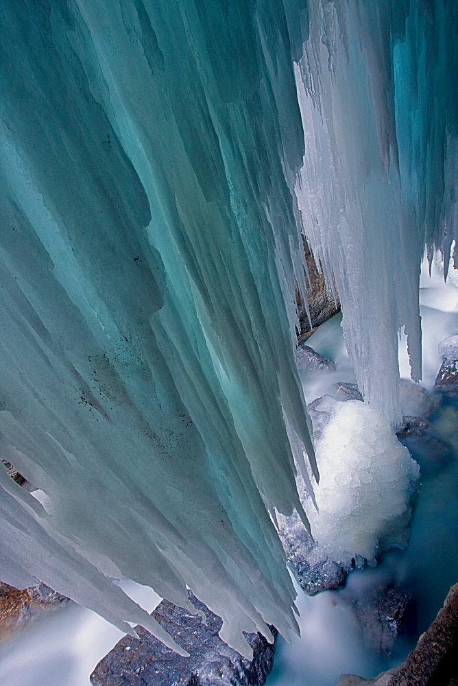 Icicles formed at Partnachklamm Gorge in wintertime, Garmisch-Partenkirchen, Bavaria, Germany, Europe