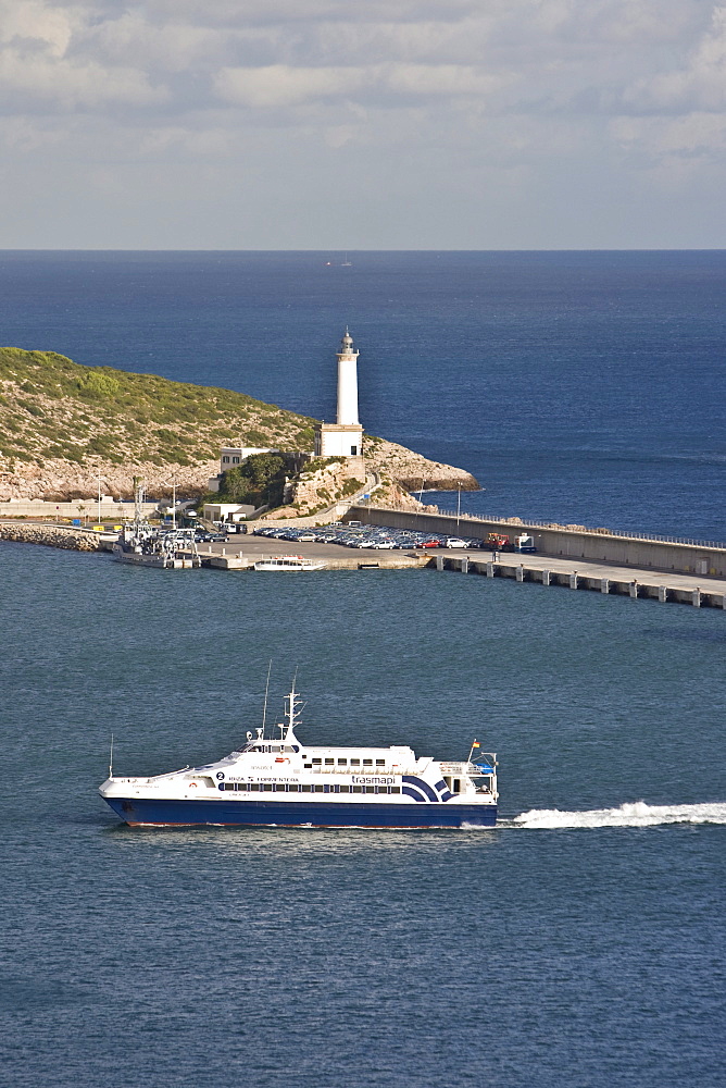 Car ferry coming into the harbour of Eivissa, Ibiza, Baleares, Spain