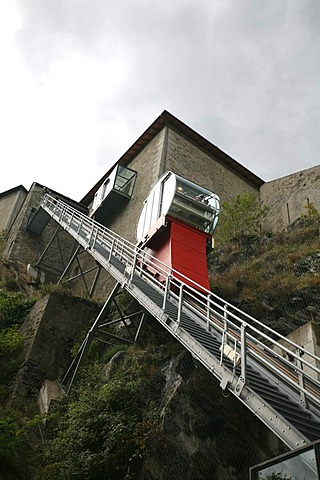 Modern meets history: The inclined elevator of the castle of Bard, hosting the ultra modern and recently opened museo delle Alpi, Aosta valley, Italy