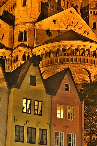 Facades of houses in front of the big St. Martin church in the city center of Cologne, NRW, Germany