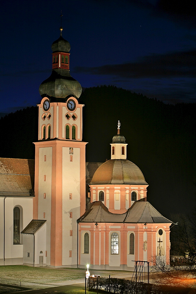 Monastery Fischingen with church at dusk in wintertime, Fischingen, Thurgau, Switzerland