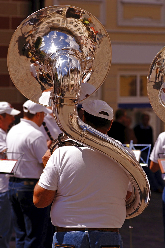 Reflections on a silver tuba, house facade in Bad Toelz, Upper Bavaria, Bavaria, Germany, Europe