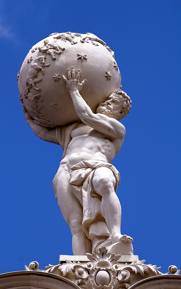 Atlas statue on the roof of Linderhof Palace, Upper Bavaria, Bavaria, Germany, Europe