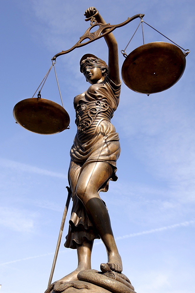 Lady Justice, bronze statue, Bamberg, Upper Franconia, Bavaria, Germany