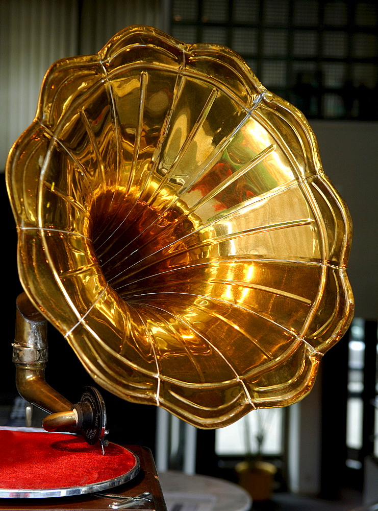 Golden loudspeaker of an old gramophone, Basel, Switzerland