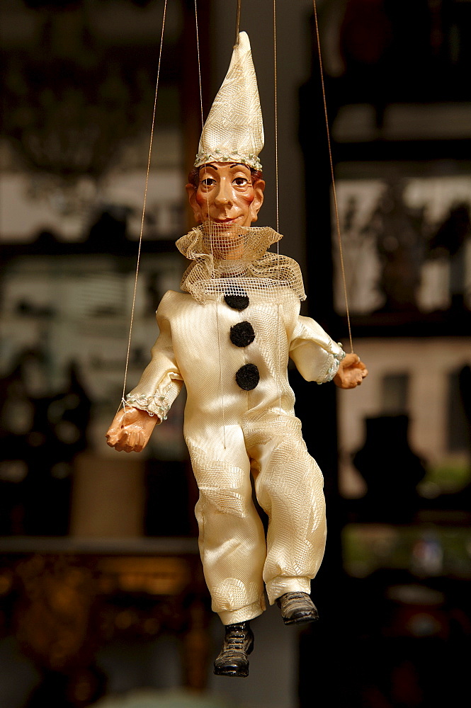 Marionette figure in an antique store, Nuremberg, Middle Franconia, Bavaria, Germany, Europe