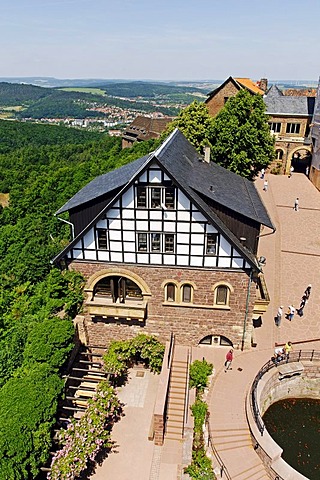 Hall in the Wartburg Castle, view of the Thueringer Wald, Thuringia Forest, Eisenach, Thuringia, Germany, Europe