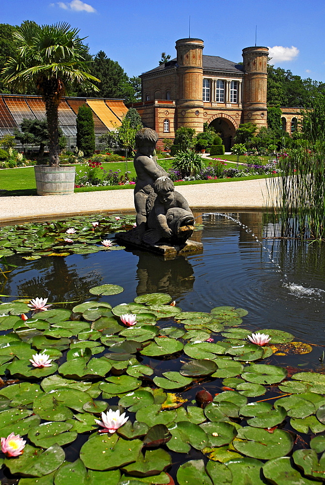 Botanical garden with old gate building, castle grounds, Karlsruhe, Baden-Wuerttemberg, Germany