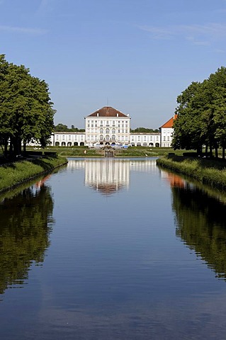 Canal of Castle Nymphenburg with parkway and middle part of Castle Nymphenburg in Munich, Upper Bavaria, Bavaria, Germany