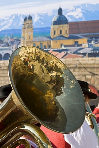 Reflection in a musical instrument on Max-Joseph-Platz Square, Munich, Bavaria, Germany, Europe