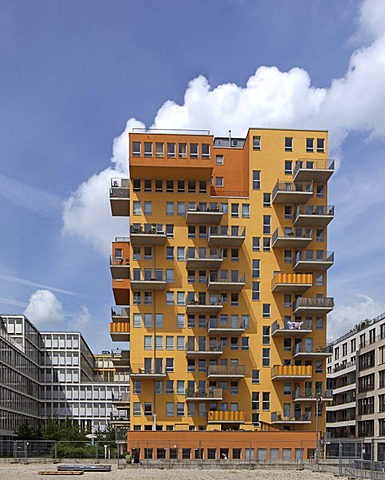 Famous tower block known as the Stele towering over the surrounding office buildings, Westend, Munich, Bavaria, Germany, Europe