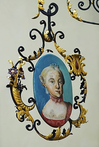 Signboard with Mozart's sister "Nannerl", St. Gilgen by the Wolfgangsee, Salzburg, Austria