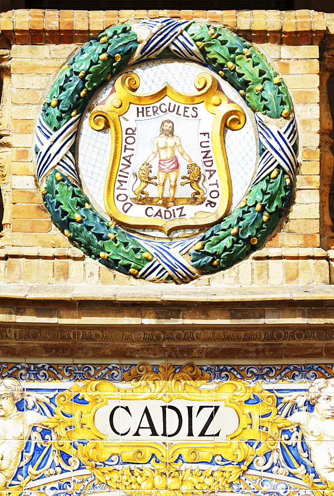 Emblem of Guadalajara on the palace Palacio de Espana, Seville, Andalusia, Spain